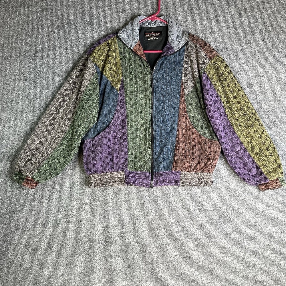 Sacred Threads Multicolor Patchwork Hippie Bomber Jacket Women Size S/M Boho